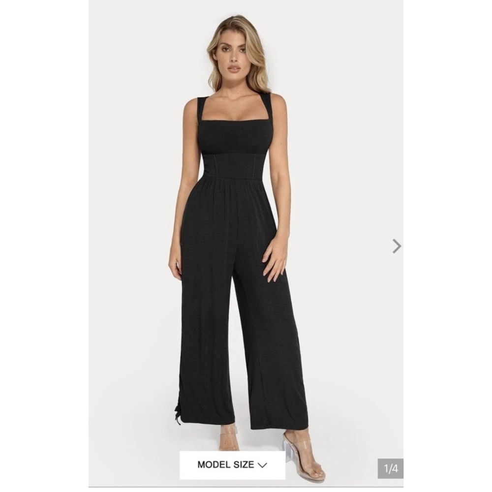 POPILUSH Shapewear Square Neck Tummy Control Wide Leg Jumpsuit XL Black